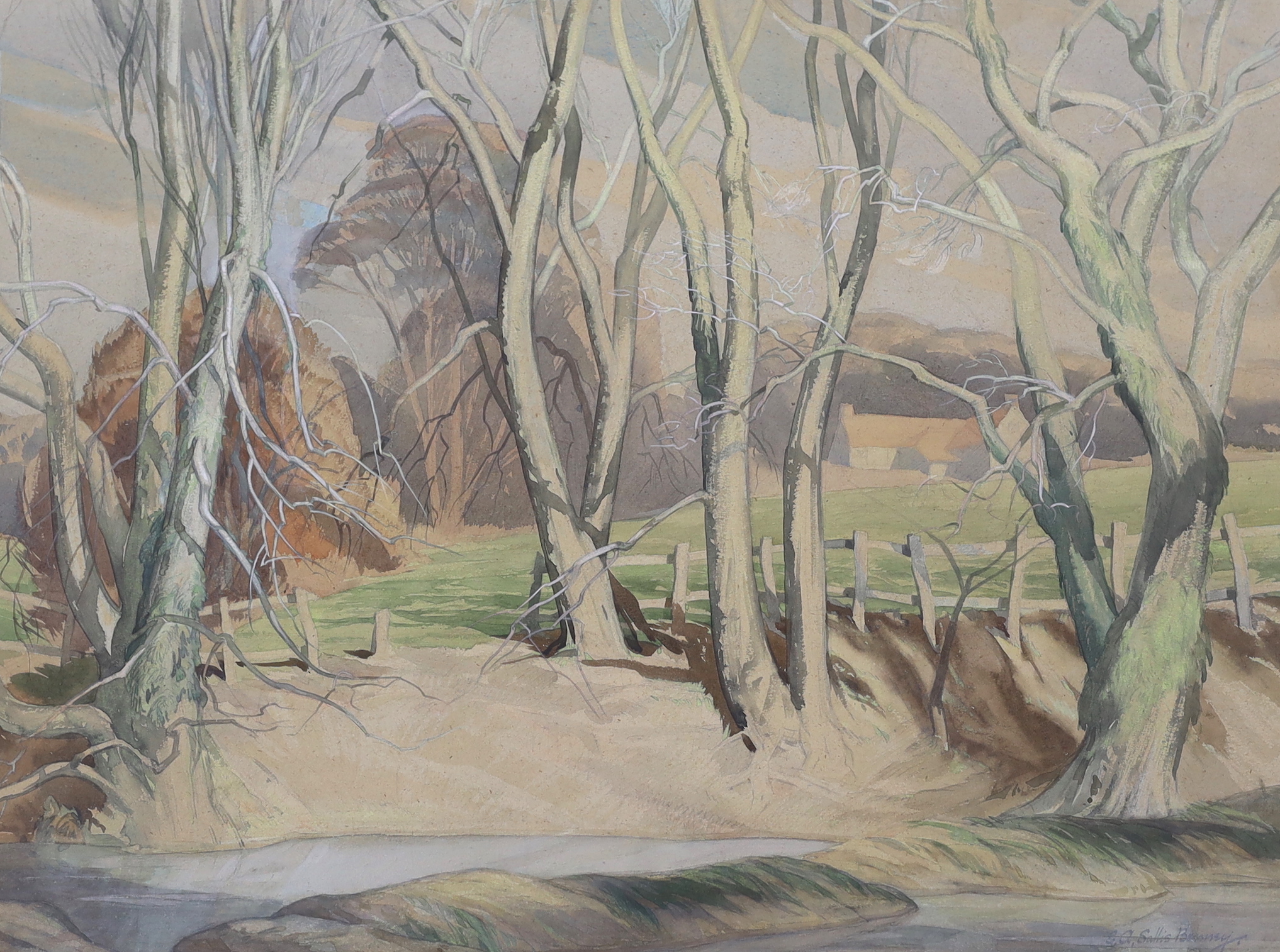 Ernest Alfred Sallis Benney (1894-1966), watercolour, Landscape with trees beside a stream, signed, 55 x 74cm